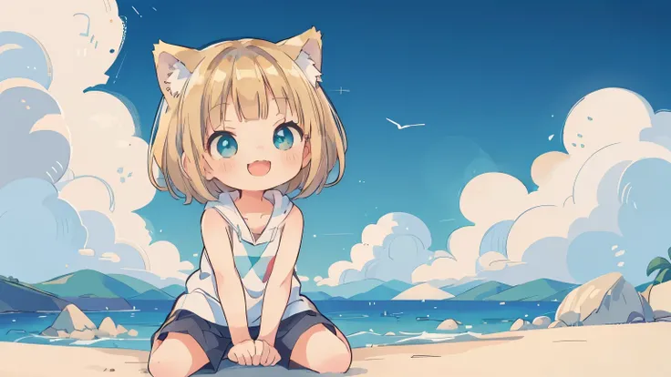 Chibi、Please straighten your bangs、smile、((masterpiece)), ((highest quality)), (anime:1.3), (RAW Photos:1.2),(High resolution:1.3), (Professional photography:1.4), ((12 years old)), 8k, Shiny skin, Cinema Lighting, One girl, Wide Shot, (Knitted fabric tank...