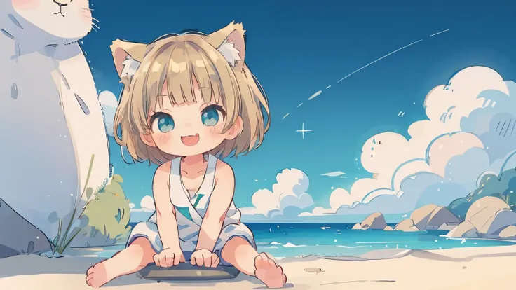 Chibi、Please straighten your bangs、smile、((masterpiece)), ((highest quality)), (anime:1.3), (RAW Photos:1.2),(High resolution:1.3), (Professional photography:1.4), ((12 years old)), 8k, Shiny skin, Cinema Lighting, One girl, Wide Shot, (Knitted fabric tank...