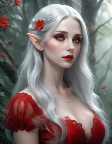 Create an ethereal, ultra realistic photo style female elf with long, flowing silver hair adorned with a red flower. The character should have pale, smooth skin with intricate tattoos on her arm and chest. She should be dressed in a revealing, elegant red ...