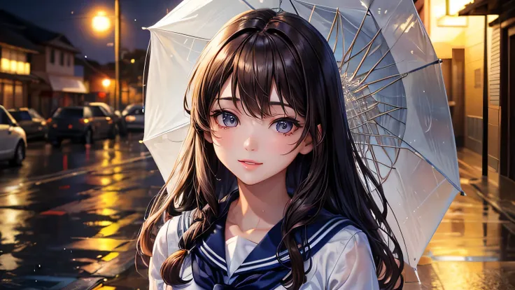 Beautiful woman 1.3, Beautiful brown hair: 1.2, , Rainy Town: 1.2,City of night,In town: 1.1, Ultra-high resolution, Accurate, Super detailed, Textured skin, High detail, highest quality, 8k,Thin bangs,Upper Body,Well-drawn eyes, Focus on the face,Sailor s...