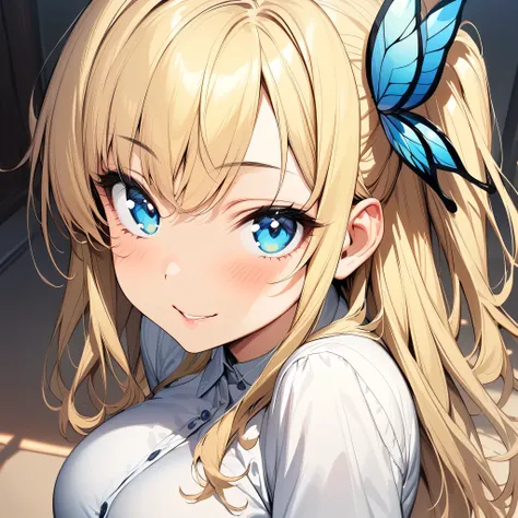 (masterpiece),(best quality),(ultra-detailed),(best illustration),(best shadow),(absurdres),(detailed background),(very aesthetic), sena kashiwazaki, blonde hair, blue eyes, long hair, butterfly ornament, hair ornament, large breasts, portrait, seductive s...