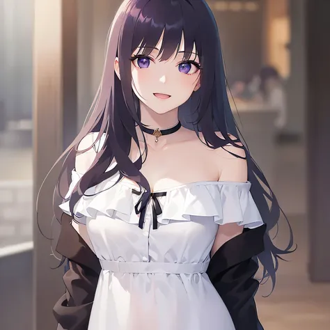 highest quality,masterpiece,Detailed CG, Ultra-fine illustrations,BREAK(white off shoulder long blouse:1.5)BREAK, Realistic,real person, (pale skin: 1.2), RAW photo, photorealistic, shiny skin, shiny hair,(A 26-year-old woman with straight hair and bangs) ...