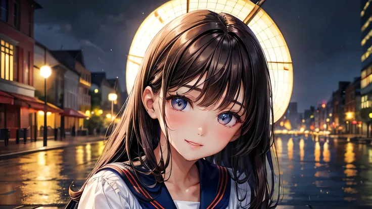 Beautiful woman 1.3, Beautiful brown hair: 1.2, , Rainy Town: 1.2,City of night,In town: 1.1, Ultra-high resolution, Accurate, Super detailed, Textured skin, High detail, highest quality, 8k,Thin bangs,Upper Body,Well-drawn eyes, Focus on the face,Sailor s...