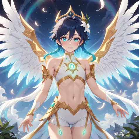 masterpiece,best quality,very aesthetic,absurdres,1boy,venti_/(archon/)_/(genshin_impact/),male_focus,detailed_eyes,teenage boy,large fluffy all white feathered_wings,white halter_crop top with gold accessories,smooth low waisted white spandex shorts with ...