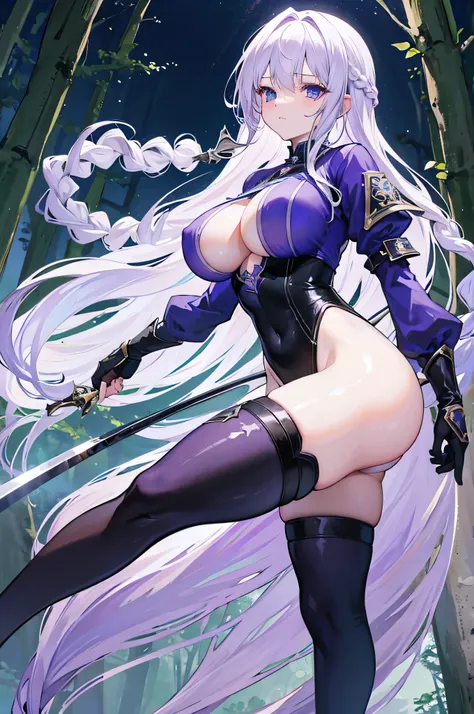 4k,High resolution,One Woman,White purple hair,long hair,Braid,Blue Eyes,Big Breasts,knight,High leg leotard,Bite,Knight&#39;s Armor,Black tights,Boots,Long sword,in the forest