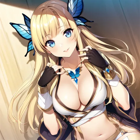 (masterpiece),(best quality),(ultra-detailed),(best illustration),(best shadow),(absurdres),(detailed background),(very aesthetic), sena kashiwazaki, warlock(ro), blonde hair, blue eyes, long hair, butterfly ornament, hair ornament, thighhighs, breasts, fi...