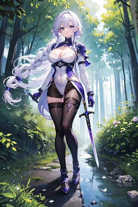 4k,High resolution,One Woman,White purple hair,long hair,Braid,Blue Eyes,Big Breasts,knight,High leg leotard,Knight&#39;s Armor,Black tights,Boots,Long sword,in the forest