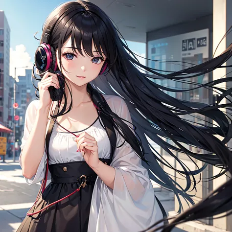 headphone、Listening to music happily、black hair、long hair、woman、