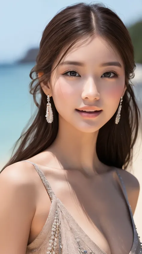 highest quality、Realistic、Realistic、Very detailed、Very delicate and beautiful、RAW Photos、Professional Lighting、Facial Light、Written boundary depth、Focus Only、Ezvian everywhere,1 female (Beach at night):1.4)、Brown haired、Brown eyes、Small Head、Beautiful Eyes...