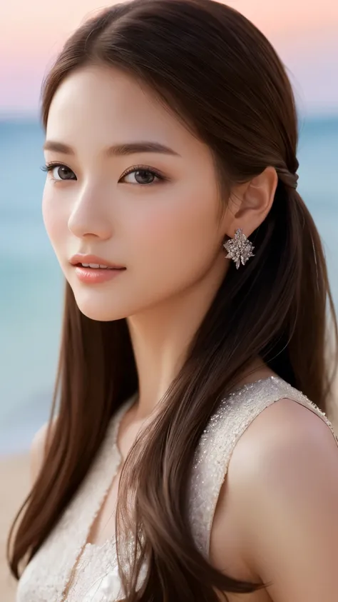 highest quality、Realistic、Realistic、Very detailed、Very delicate and beautiful、RAW Photos、Professional Lighting、Facial Light、Written boundary depth、Focus Only、Ezvian everywhere,1 female (Beach at night):1.4)、Brown haired、Brown eyes、Small Head、Beautiful Eyes...