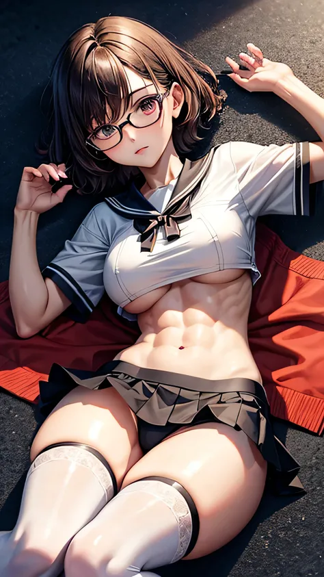 8K,Highest Quality,BREAK,1 female,leaning back,BREAK,glasses,black short hair,BREAK,short sleeved white sailor suit,underboob,BREAK,very short pleated mini skirt,lowrise,BREAK,(black thighhigh stocking),highheel short boots,BREAK,large breasts,beautiful ab...