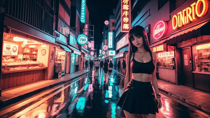 foto cute anime grirl, cute, aproximada, corpo inteiro, desenho, mango, night,  cyberpunk, retrowave scene, anime, 16x9, city night, estudantes, fliperamas, neon, pouca roupa, Photogenic, exibicionista, 2d, colorido, arcade, uma garota em uma cidade de neo...