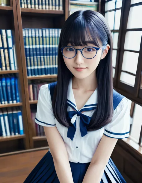 20-year-old (Jap Actress), Smirk, black blunt bangs and long hair, ((slskmz short, sailor , white shirt)),
(dark blue pleated skirt), (vaginas), wearing square glasses, in the Library, ((looking back)), (Library background), ((8k, hyper detailed, realistic...