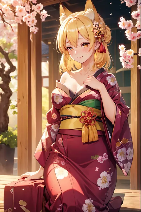 (High quality, High resolution, Fine details), Japanese apricot, Plum blossoms, kimono, solo, curvy adult women, yellow hair, sparkling eyes, (Detailed eyes:1.2), fox ears, smile, blush, Sweat, Oily skin, Soft tones, shallow depth of field