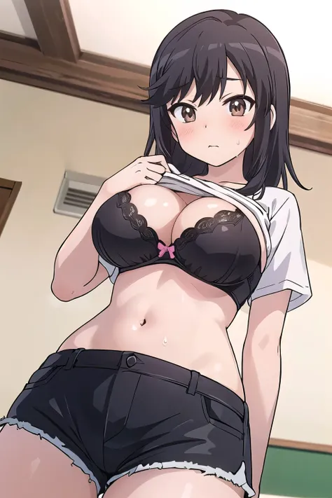 nonhotaru,in summer,t-shirt,shorts,blush,sweat,((shirt lift)),show off bra,cleavage,((large breast)),breasts protruding forward,...