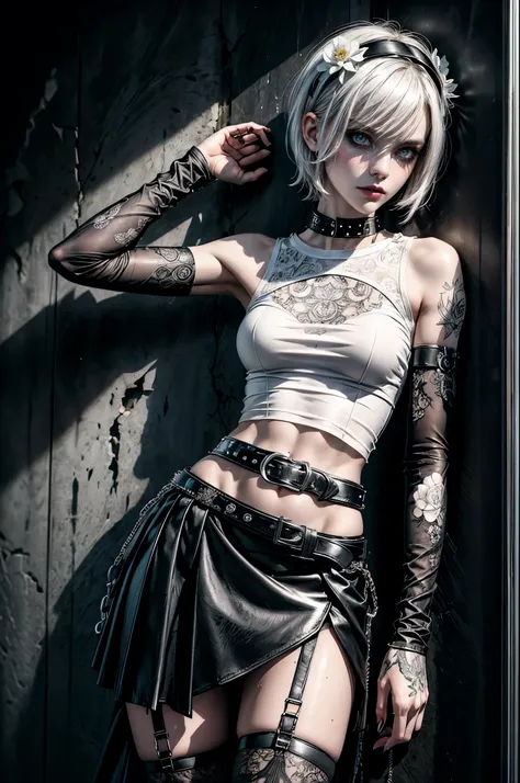 (Detailed illustrations, Very detailed and detailed drawing, Delicate lines with slow and rapid, Realistic texture expression), One woman with very short white hair with black tips, ( emo hairstyle, ), goth, pale white skin, evil smirk, (girls bedroom back...