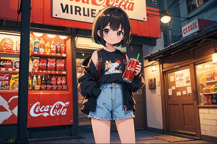 (highest quality:1.3, masterpiece:1.3, Ultra-high resolution:1.3)

A young, 18-year-old Japanese girl with a cute, black short bob is the centerpiece of this image. She is captured in a , complete with the familiar Coca-Cola red vending machine in the back...