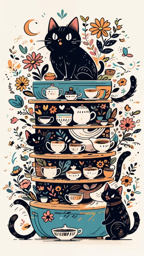 many coffees, many cakes, many flowers, many sugars, many coffee bottles, many kitties