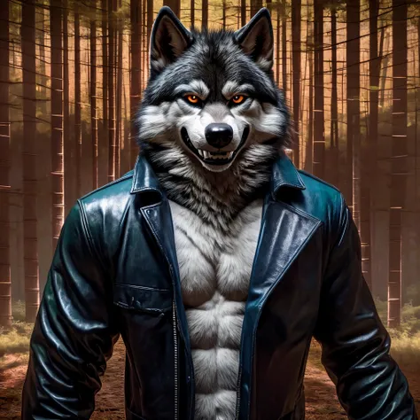 Anthro, male wolf, Black fur, wolf tail, black leather jacket, blue jeans, evil grin, (forest background:2)