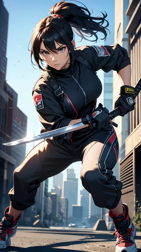 a woman with a brown ponytail hair,ninja,wearing a maxi length jersey jacket and jersey pants,sneaker,holding a katana and a long sword, running outside the buildings, (best quality,4k,8k,highres,masterpiece:1.2),ultra-detailed,(realistic,photorealistic,ph...