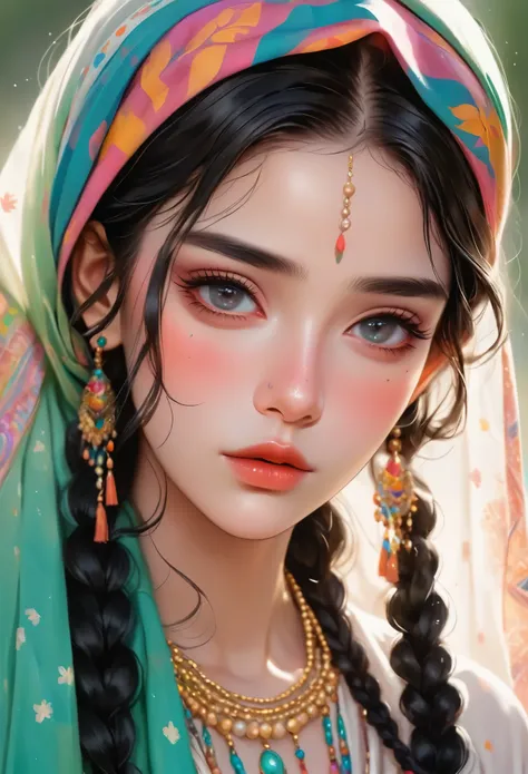 a beautiful young woman with flowing black hair, colorful braids, glossy hair, wearing a headscarf, a flowing shawl covering her face, ethnic minority features, delicate skin, beautiful facial features, intricate eye makeup, deep eyeshadow, light freckles,...