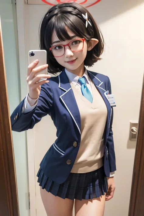 masterpiece, best quality, realistic, ultra-detailed, 1girl, ayane, blue jacket, blazer, white shirt, pleated skirt, halo, indoo...