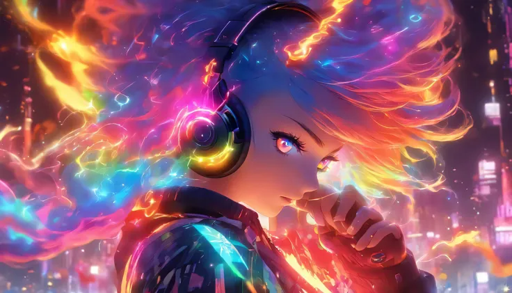 Transparent color PVC clothing, Clear Vinyl Mechanic Hoodie, Prismatic, Holographic, chromatic aberration, Fashion Illustration, masterpiece, DJ,, 8k, Super detailed, Pixiv、(((profile)))、((Colorful Hair))、(((Wearing futuristic headphones)))、、(((Rainbow Hai...