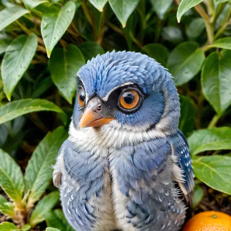 Create a close-up image of an adorable, fluffy blue bird with large, expressive black eyes. The bird has a small, orange beak and is covered in soft, detailed blue feathers, giving it a cute and cuddly appearance. The setting is a lush, natural environment...