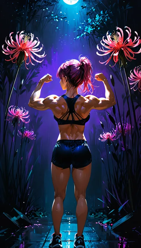 (in style of Ashley Wood:1.4),(in style of Takeshi Obata:1.3), (Lycoris radiata background:1.3),(darkorchid neon glowing:1.1),night,moonlight shadows,dramatic lighting,gradient pop surrealism,Detailed, BREAK 1 girl,muscles of the back,show back tattoos,(bo...