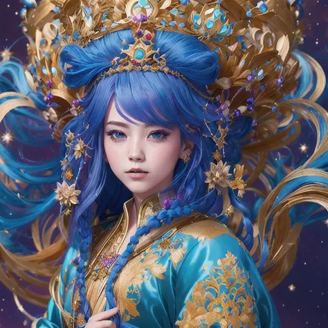 18 years old with blue hair wearing a gold crown and a blue wig, fantasy art style, ((a beautiful fantasy empress)), a beautiful...