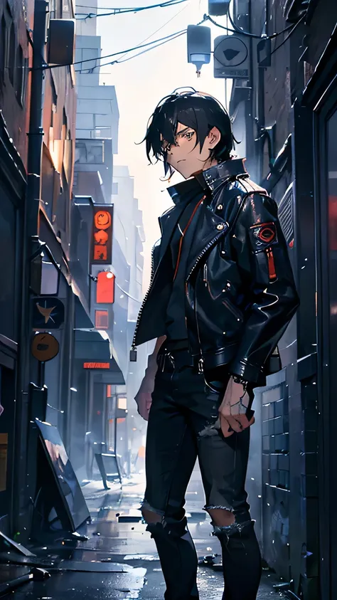 young teenager, disheveled black hair, brown eyes, in the abandoned streets of the city, at night, he is wearing a black leather jacket, blue jeans, his clothes have blood on them. He is scared.