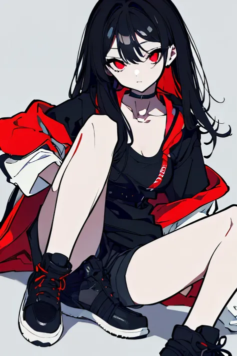 Girl, long curly black hair, red eyes, black choker around her neck, , small breasts, white face of despairＴShirt, black shorts, sneakers, modern style