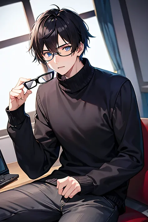 18 year old young man , black hair and blue eyes . Gamer. gloomy. Covered by a sweater and glasses