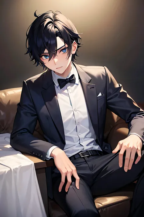 18 year old young man , black hair and blue eyes . Gamer. gloomy and neglected. En traje de gala