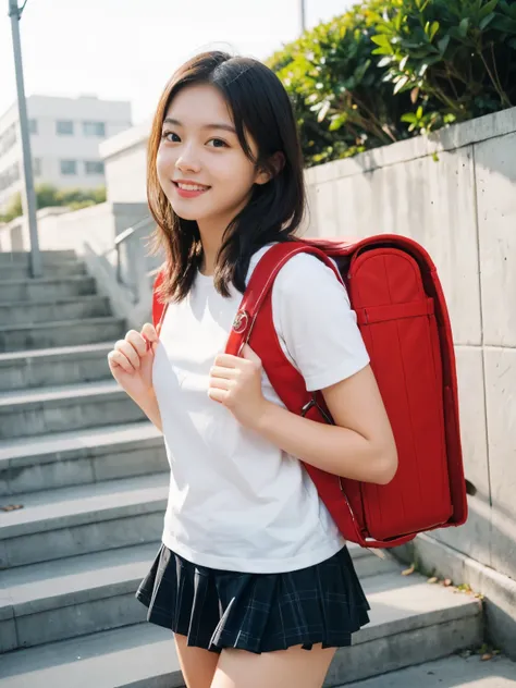 masterpiece, realistic, hd, 18 year old female high school girl standing on the stairs of school,white shirt,blue and red plaid ...