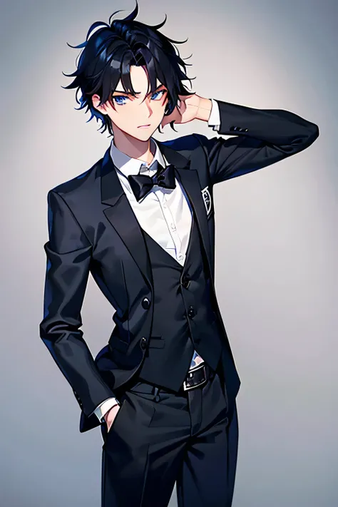 18 year old young man , black hair and blue eyes . Gamer. gloomy and neglected. En traje de gala