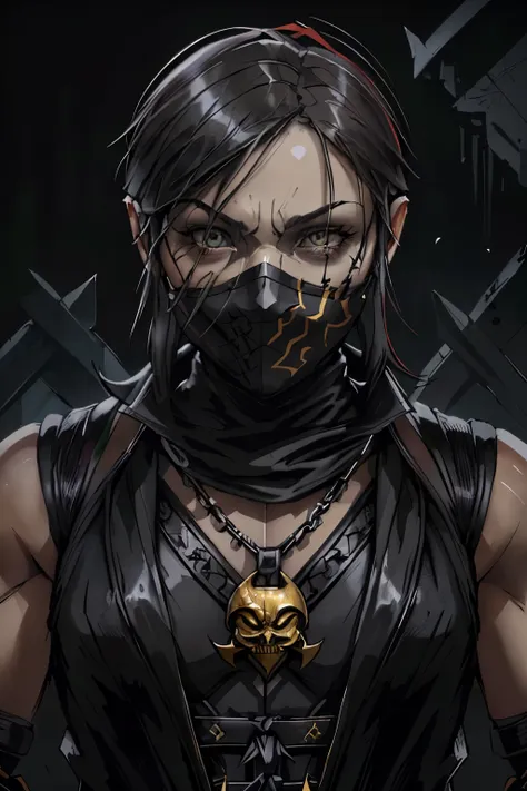 as Scorpion from Mortal Kombat, yellow and black ninja outfit, (skull-like mask), kunai on a chain, Intricate, High Detail, Sharp focus, dramatic, photorealistic painting art by greg rutkowski