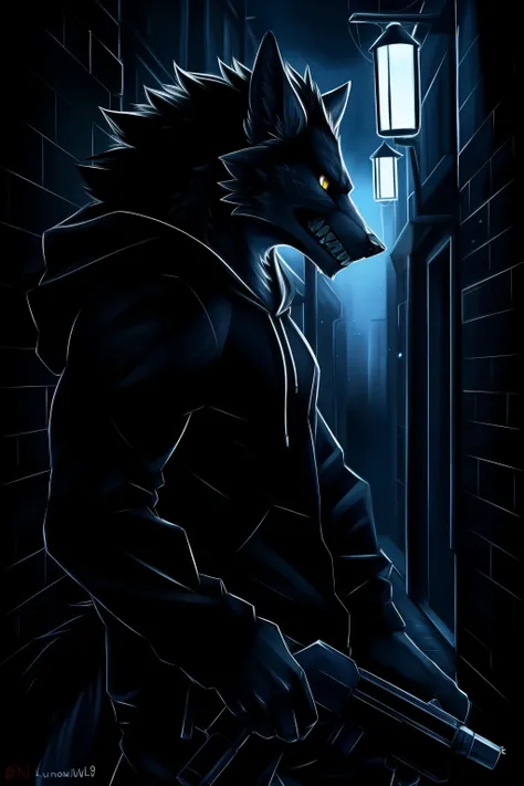 ((By Nightowl96, by VelvetMoon, by LunaHowl)), 1 male, unnamed, (Lupine Tales), muscular, lean body, no pants, grey hoodie, yellow eyes glowing, snarling, holding a metallic lamp above his head as if its a weapon, dark alley, cold atmosphere, high contrast...