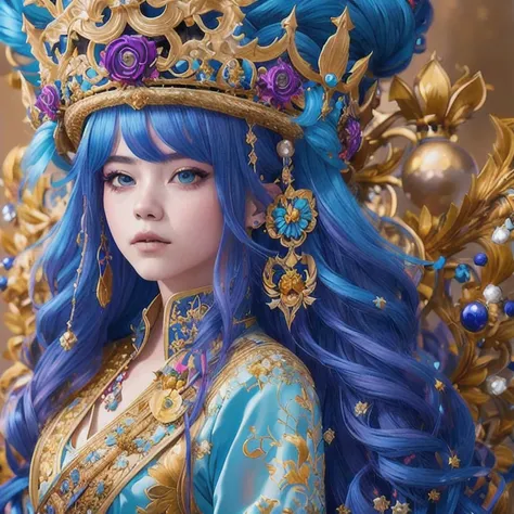 18 years old with blue hair wearing a gold crown and a blue wig, fantasy art style, ((a beautiful fantasy empress)), a beautiful fantasy empress, artwork in the style of Girl, azure. detailed hair, 18 years old, palace ， a girl in hanfu, beautiful celestia...