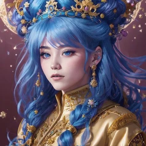 18 years old with blue hair wearing a gold crown and a blue wig, fantasy art style, ((a beautiful fantasy empress)), a beautiful...