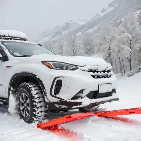 there is a white suv parked in the snow with a red tow bar, skidding, vehicle photography, snowstorm, Takayama, Blizzard sharp dynamic lighting, White Red, Haval F7, Extremely detailed front angle, Extreme detail, Dynamic low angle shooting, Very technical...