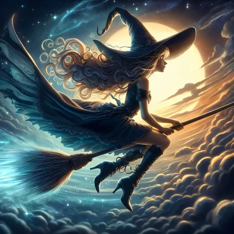 masterpiece, best quality, ultra-detailed, illustration, 1girl, solo, fantasy, flying, broom, night sky, outdoors, magic, spells...