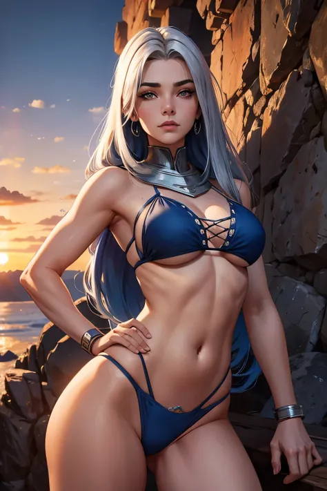 altamente insanamente detalhado, Obra de arte, maximum quality, melhor qualidade, high resolution, 4k, 8K, Foto CRU,
1 garota, Sozinho, Persephone, cabelo loiro, cabelo espetado, protetor de testa, ombreira,silver bikini armor, manoplas,cabelo sobre um olh...