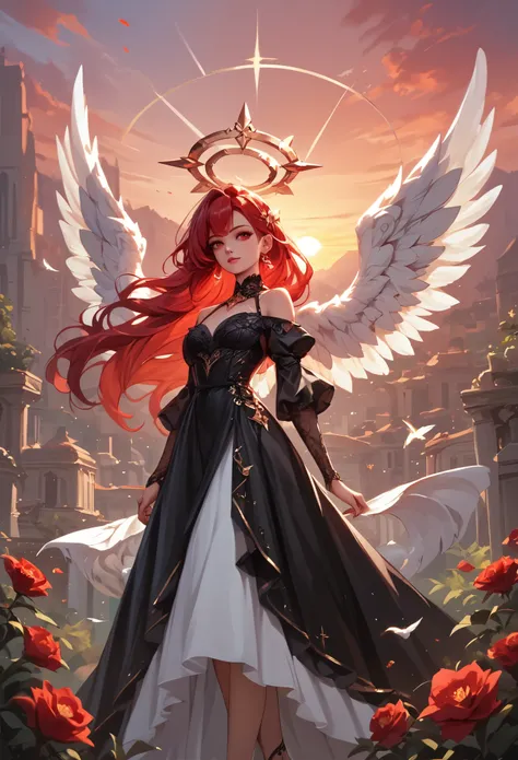 score_9, score_8_up, score_7_up, solo, 1girl, red hair, halo, red eyes, white wings, angel wings, black dress, outdoors, sunset