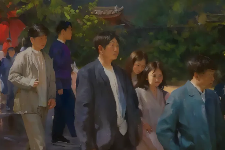 painting of a group of Asian people walking,Oil painting style，Oil painting brush strokes，Sargent&#39;s brushstrokes，The color of dusk，Delicate face