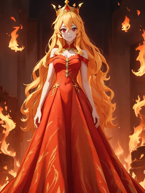 a beautiful woman with long Blonde hair and long dress and long crown on fire with flames, 1girl, solo, long hair, dress, fire, bare shoulders, red dress, RED eyes