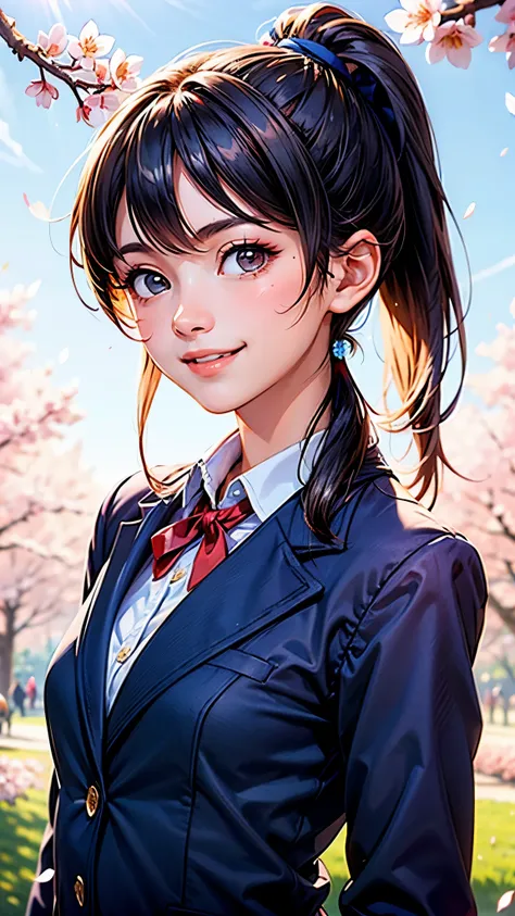 ((blue sky:1.5)),(cloud),((japanese High school uniform:1.2))、(dark Navy Blue Blazer:1.5),((Red ribbon on White shirt)),((Cherry blossom park)),flower petals in air,(RAW photo, best quality), (Beauty photography:1.3),(masterpiece),(4K),(light bokeh), ((bac...