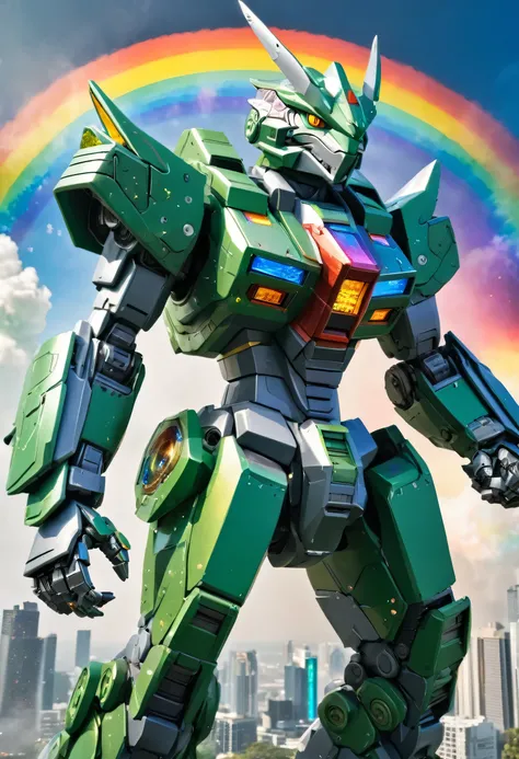 Grey and green scaled old lizardman dressed like a Mecha Gundam pilot in an action pose in front of a rainbow Mecha Gundam. Glittery, comic book style.