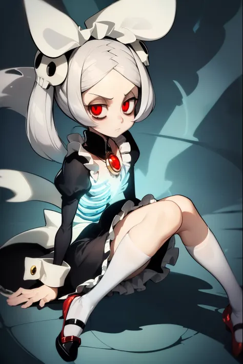 (masterpiece, best quality), marie from skullgirls, skullgirls, red pupils, blue flame on background, digital art, anime style, girl, white hair, maid outfit, serious expression, necklace with red gem , white long socks, fullbody, looking at viwer, beautif...