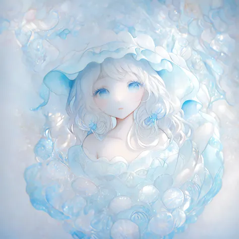 Chibi、Two-headed body、full bodyesbian、Jellyfish hat、See-through jellyfish、Fusion of nipple seal and jellyfish、The background is the sea、Simple backgrounds、Watercolor Touch、Smearing、colourfull、Active Pose、pigtails、mesugaki、thick eyebrow、Beautiful blonde、Bra...